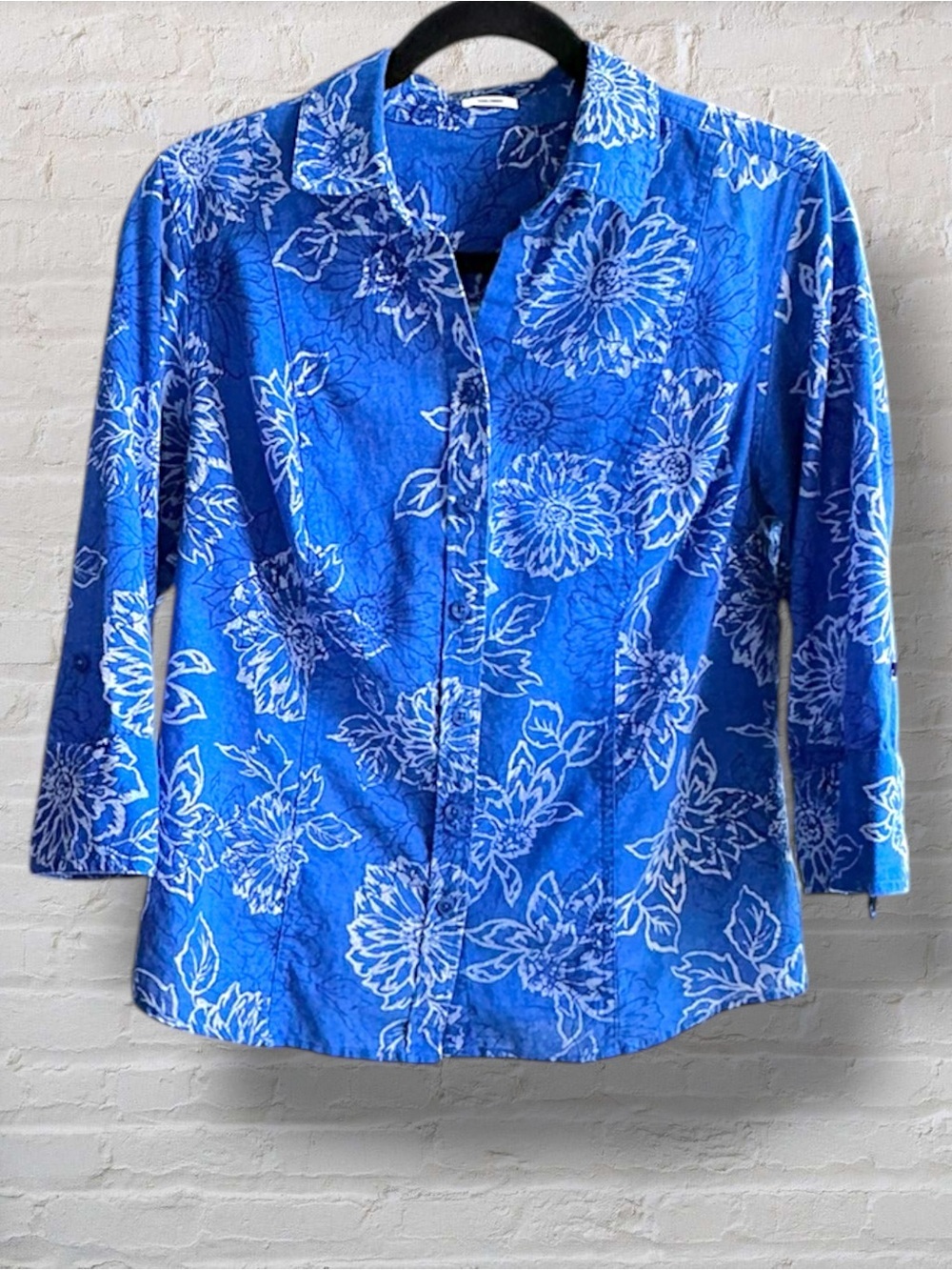 RICKI'S TAILORED Linen Cotton Blue Floral Button Up Blouse 3/4 Roll Sleeve Small